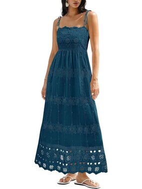 〽️Women's Dark Blue Eyelet Maxi Dress Square Neck Smocked Boho Sundress Dress